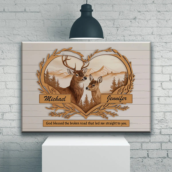 Deer Love Mountains 2 Names Premium Canvas - Gift For Couples, Wedding Gift, Anniversary & Couple gift