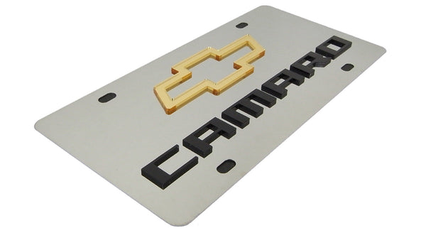 Chevy Camaro Gold Bowtie Dual Logo License Plate (Chrome)