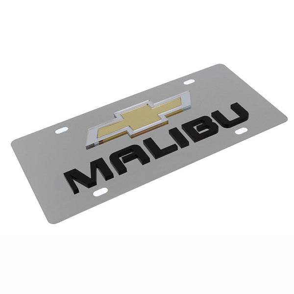 Chevy Malibu Dual Logo License Plate (Black On Chrome)