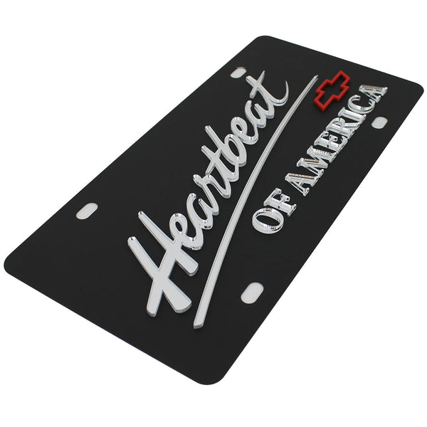 Chevy Bowtie Dual Logo Heartbeat Of America Words License Plate (Red on Black)