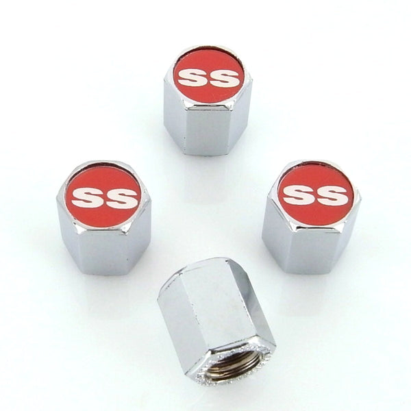 Chevy SS Logo Tire Stem Valve Caps (Chrome on Red)