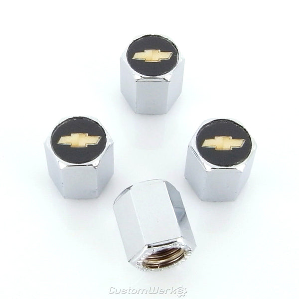 Chevy Logo Tire Stem Valve Caps (Chrome on Gold)