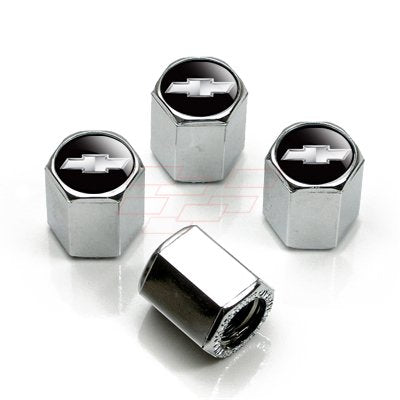 Chevy Solid Bowtie Logo Tire Stem Valve Caps (Black on Silver)