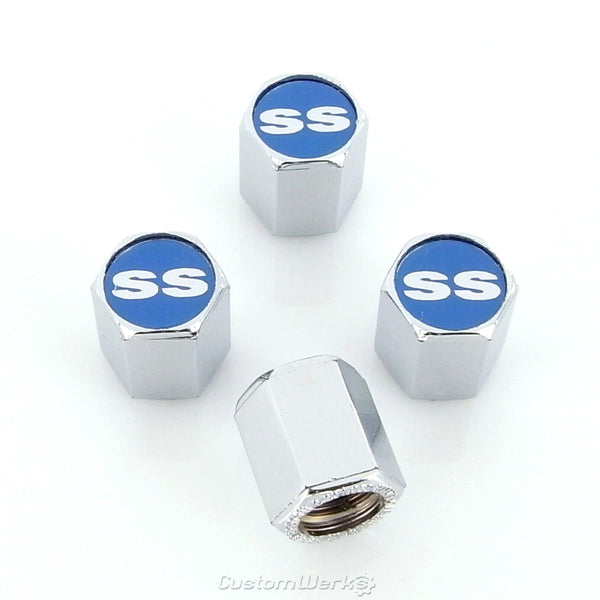 Chevy SS Logo Tire Stem Valve Caps (Chrome on Blue)