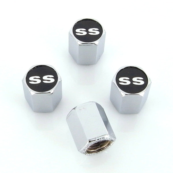 Chevy SS Logo Tire Stem Valve Caps (Chrome on Black)