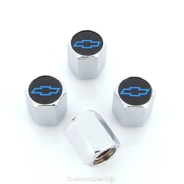 Chevy Logo Tire Stem Valve Caps (Chrome on Blue)