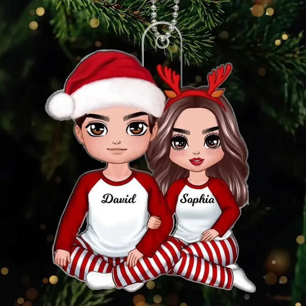 Christmas Doll Couple Sitting Hugging, Personalized Acrylic Ornament, Christmas Gift Ideas For Couples