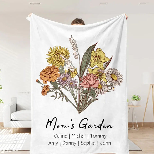 Customized Blanket, Birth Flower Family Bouquet, Christmas Gift For Mom or Grandma