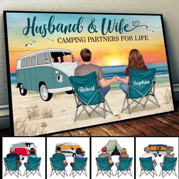 Back View Couple Camping Beach Landscape Personalized Horizontal Poster, Anniversary Gift For Couple