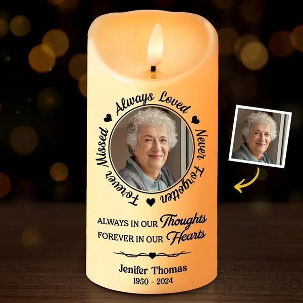 Custom Photo Always In Our Thoughts - Memorial Personalized Custom LED Candle - Christmas Gift, Sympathy Gift For Family Members