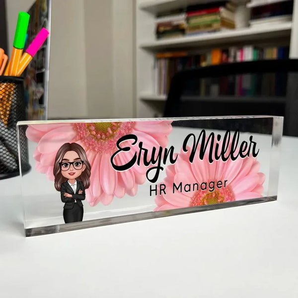 Daisy Flowers Woman Man Office Personalized Acrylic Desk Name Plate, Office Desk Decor, Career-Themed Christmas Gift For Family, Friends And Colleagues