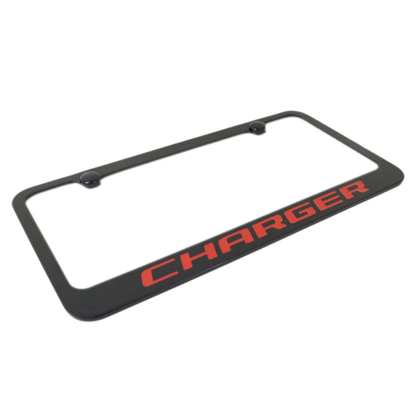 Dodge Charger Orange Name License Plate Frame (Black)