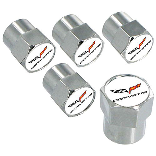 Chevy Corvette C6 Logo Tire Stem Valve Caps Set (Chrome)