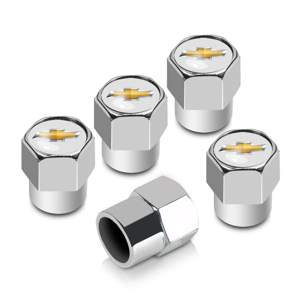 Chevy Bowtie Logo Tire Stem Valve Caps Set (Gold on Chrome)