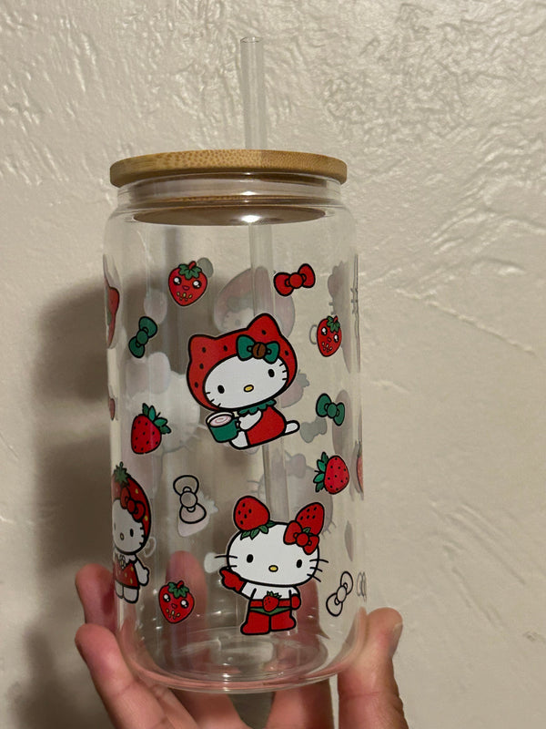 Adorable Kitty Strawberry Iced Coffee Cup, 16oz Libbey Glass Cup