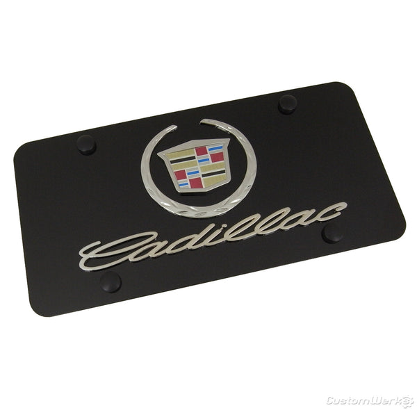 Cadillac New Dual Logo License Plate (Chrome on Black)